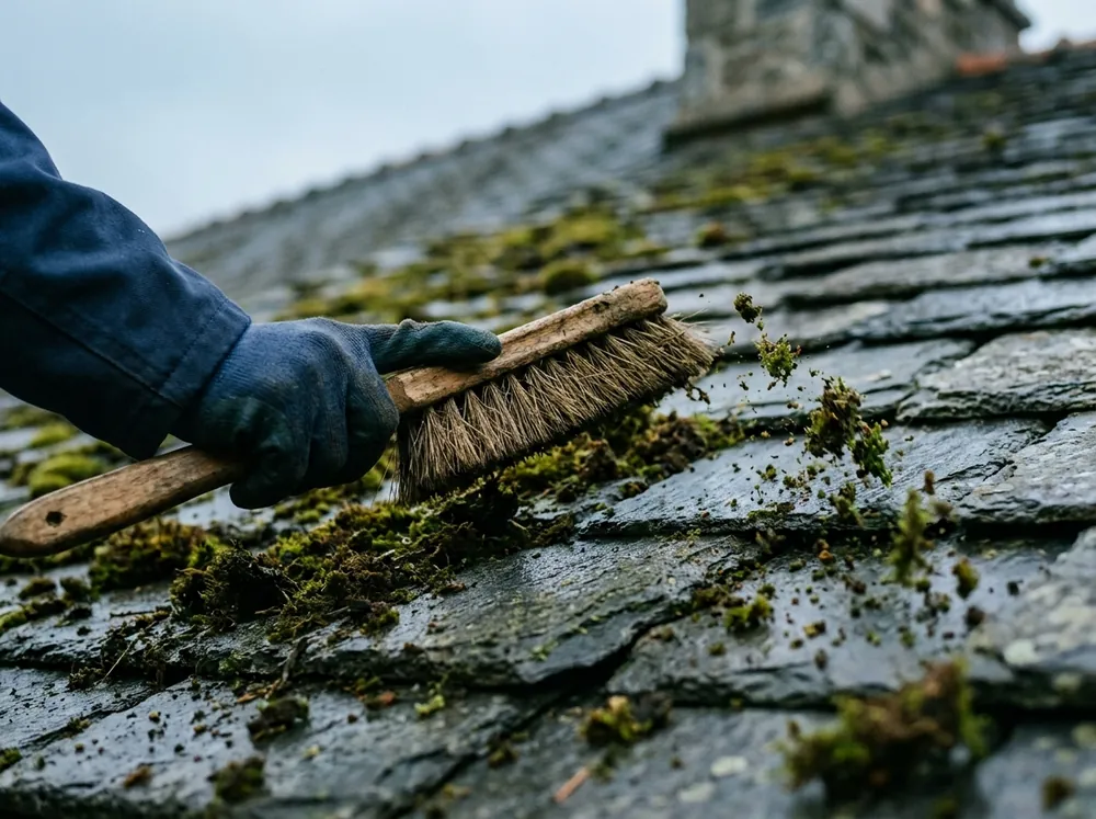 Brossage à la main de la mousse sur une toiture en ardoises