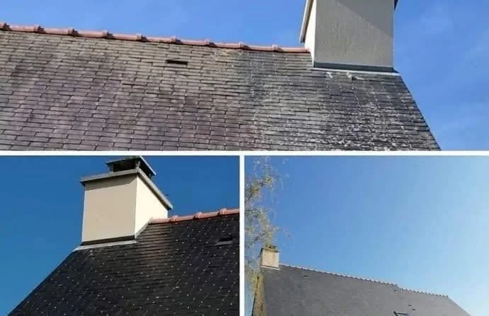 Toiture en ardoises et souche de cheminée