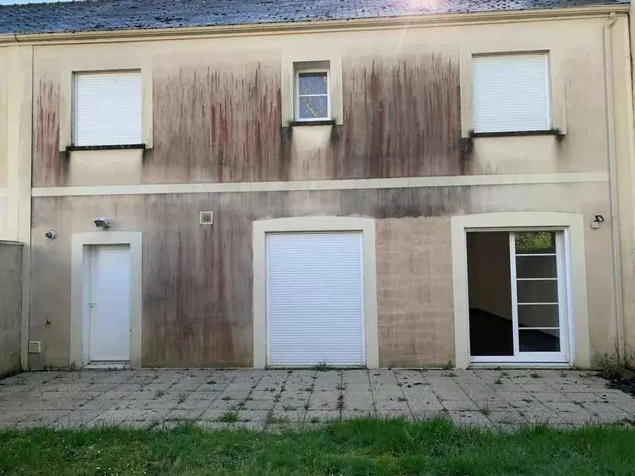 Avant : Façade enduite, champignons et algues rouges sur toute la hauteur