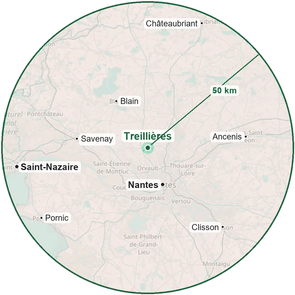 Carte : rayon de 50 km autour de Treillières, de Châteaubriant à Pornic et de Saint-Nazaire à Ancenis